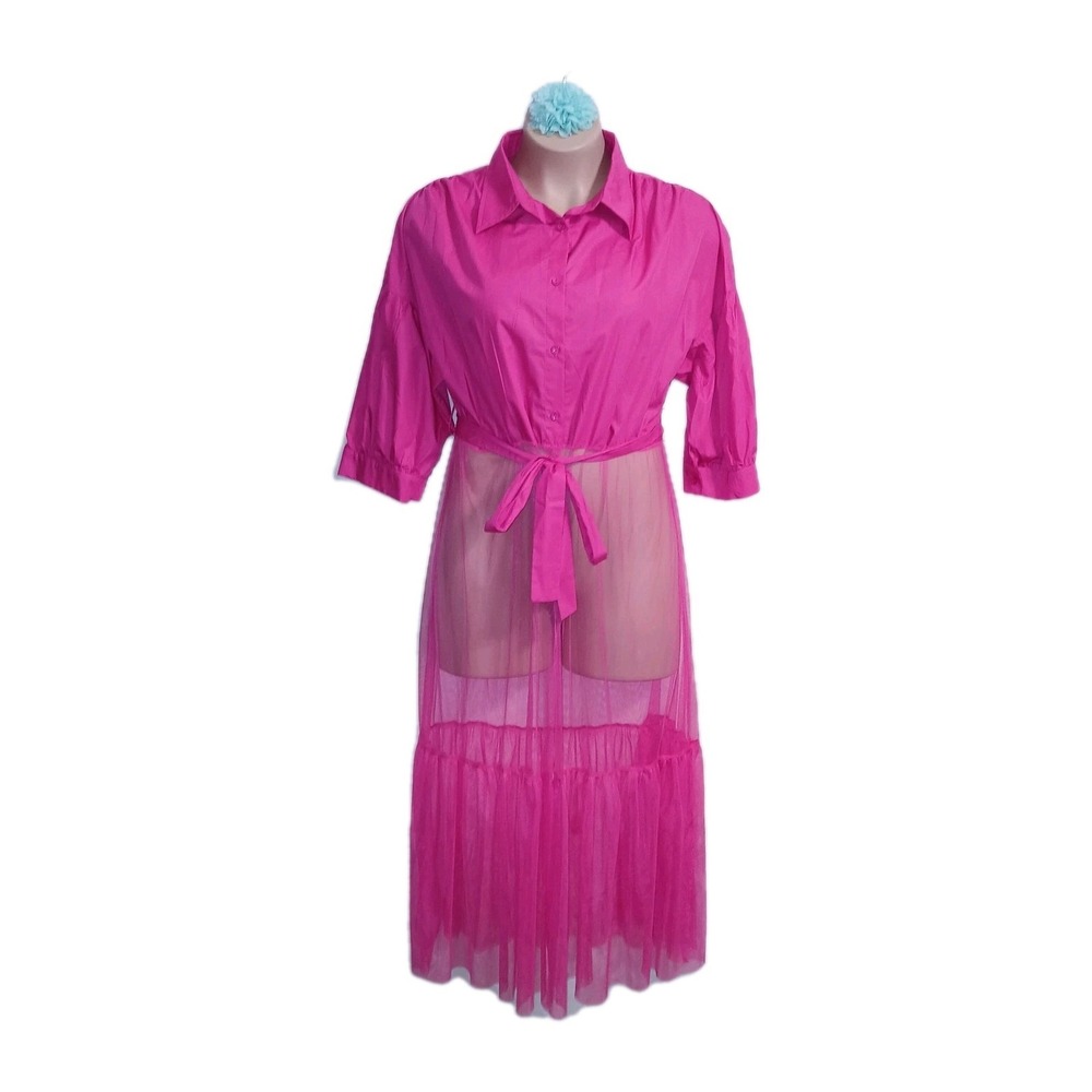 WoWo Women Shirt Duster Top Dress 3X Hot Pink Mesh Flowy Swing Club Party Tulle